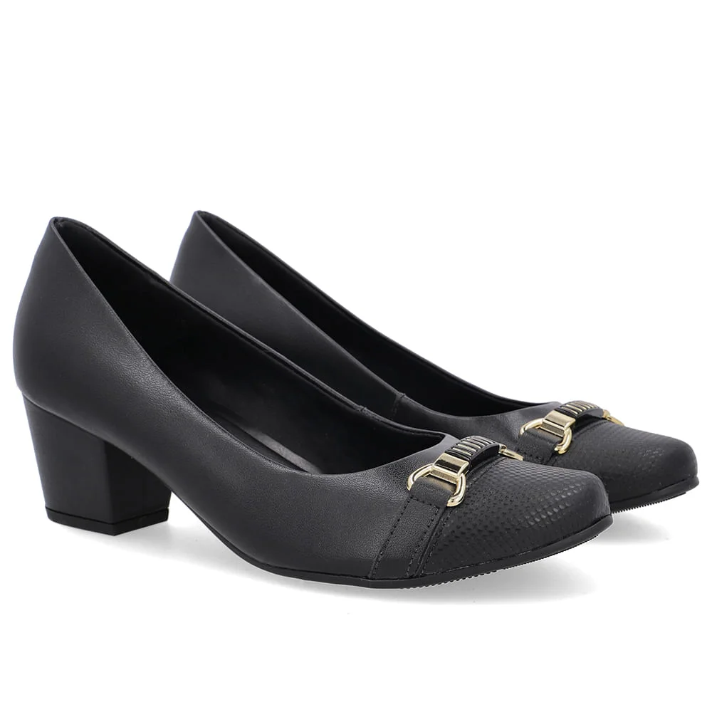 Scarpin Couro Preto Salto Bloco